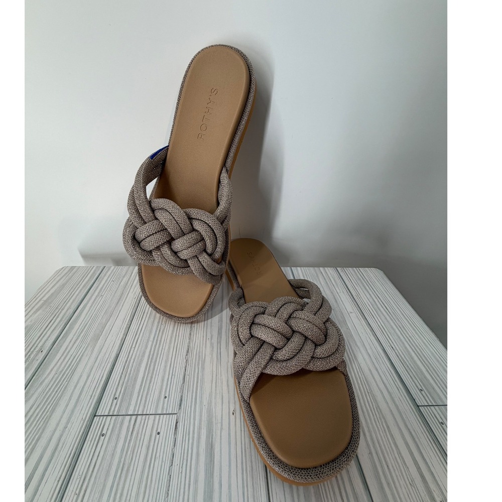 Rothys The Summer Sandal Metallic Silver Braided Knit Slide Slip On Women 9 NWOT
